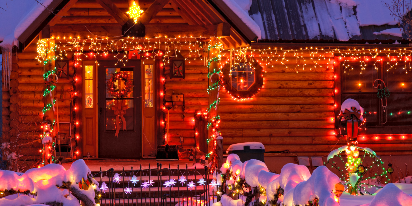 Cabin with holiday lights